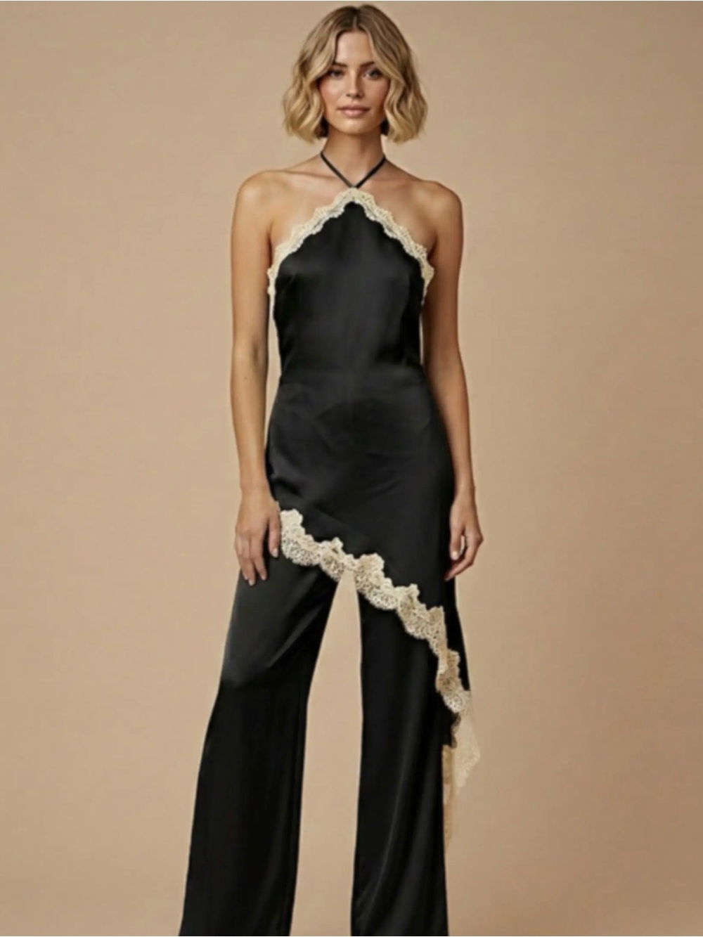 Black Satin Halter Jumpsuit with Cream Lace Accent